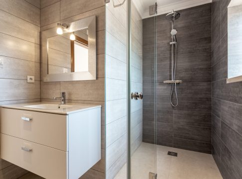 Modern bathroom with shower and washbasin for hygiene.