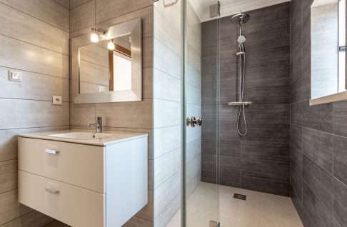 Modern bathroom with shower and washbasin for hygiene.