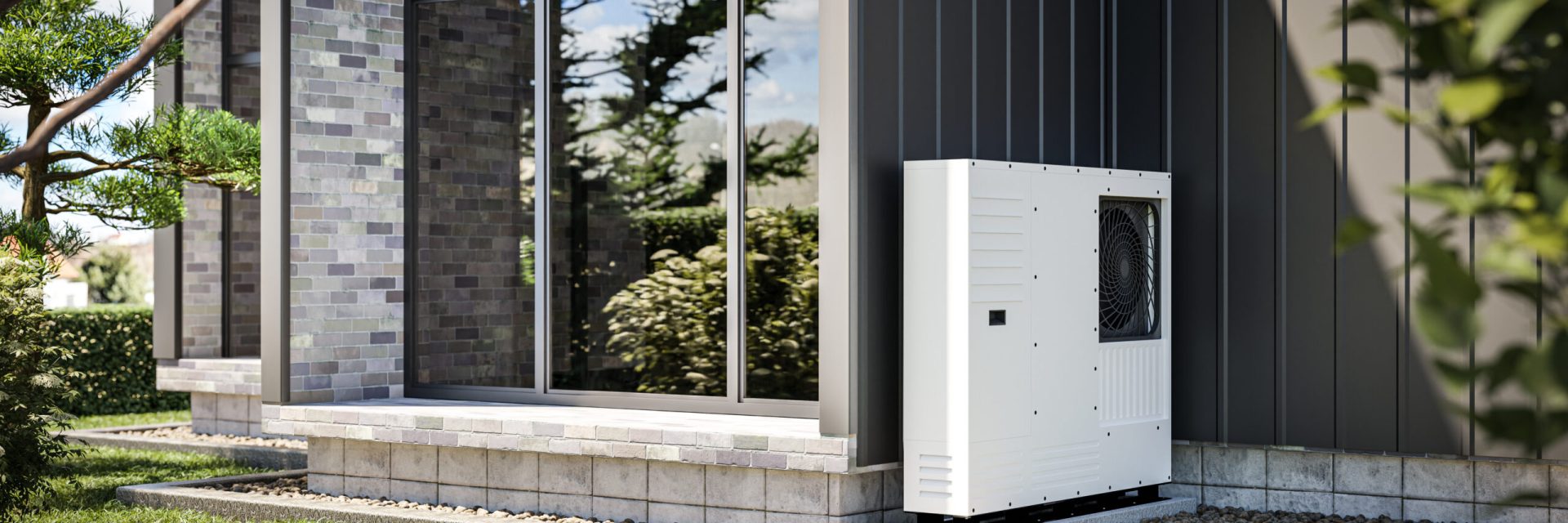 Heat pump installed at the wall of a single-family house 3d render showing renewable energy sources.