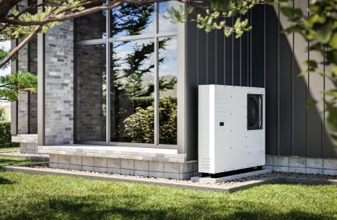 Heat pump installed at the wall of a single-family house 3d render showing renewable energy sources.