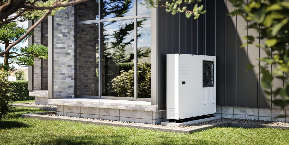 Heat pump installed at the wall of a single-family house 3d render showing renewable energy sources.