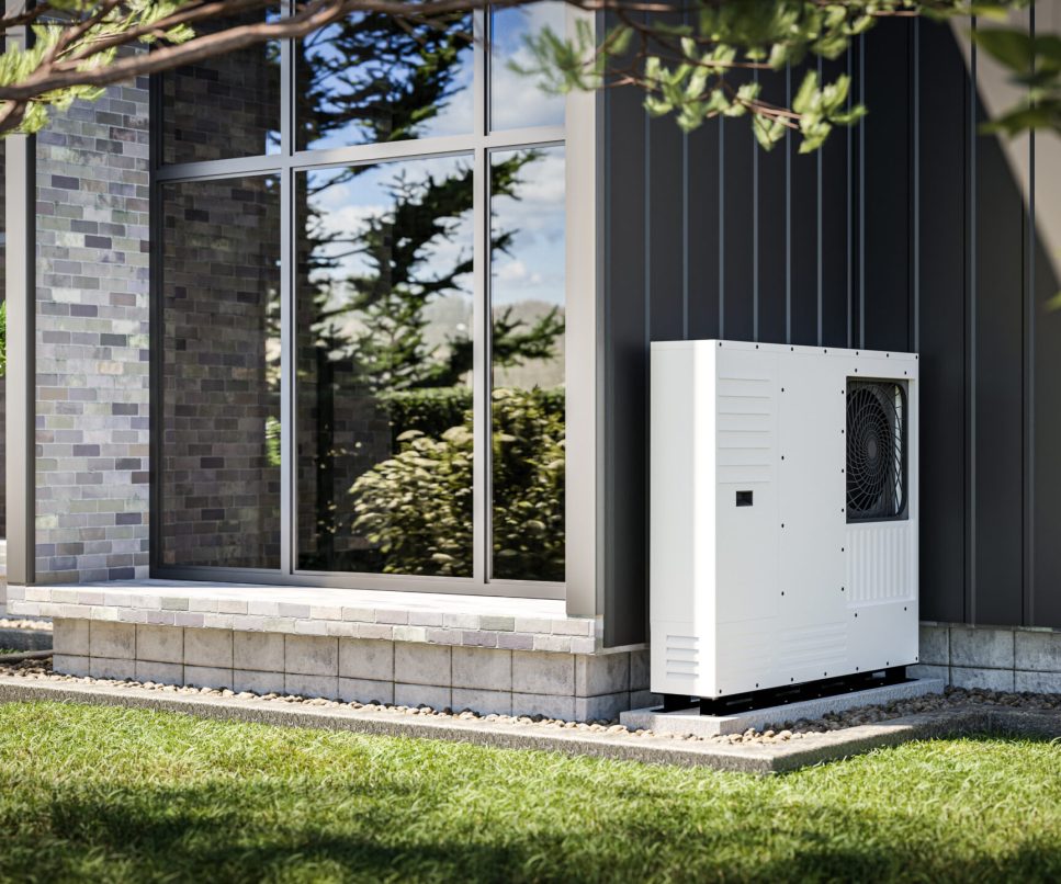 Heat pump installed at the wall of a single-family house 3d render showing renewable energy sources.