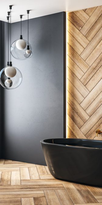 Luxury bathroom interior with city view and copy space on wall. 3D Rendering