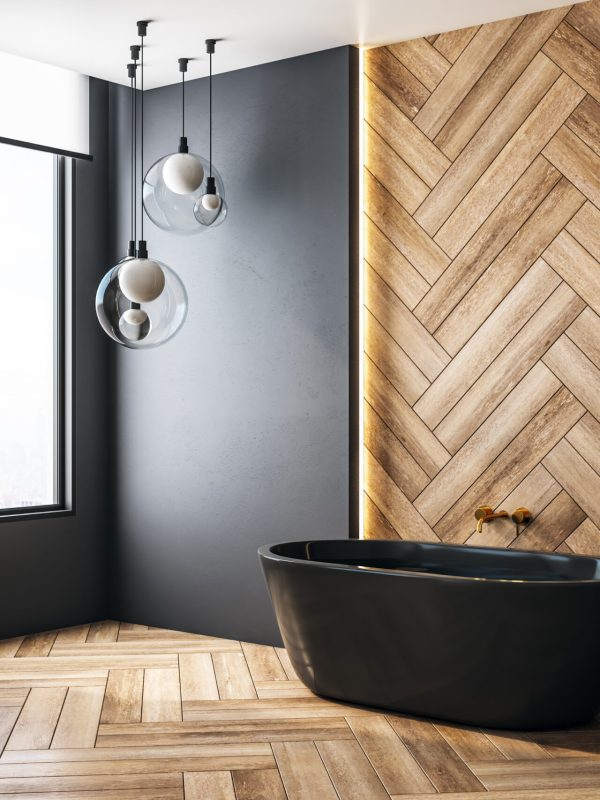 Luxury bathroom interior with city view and copy space on wall. 3D Rendering