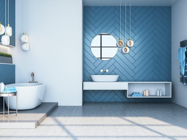 Modern blue bathroom interior with bath and decorative objects. Style and hygiene concept. 3D Rendering