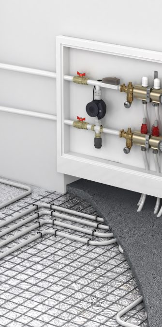 Underfloor heating with collector and radiator in the room. Concept of technology heating. The order of layers in the floor.