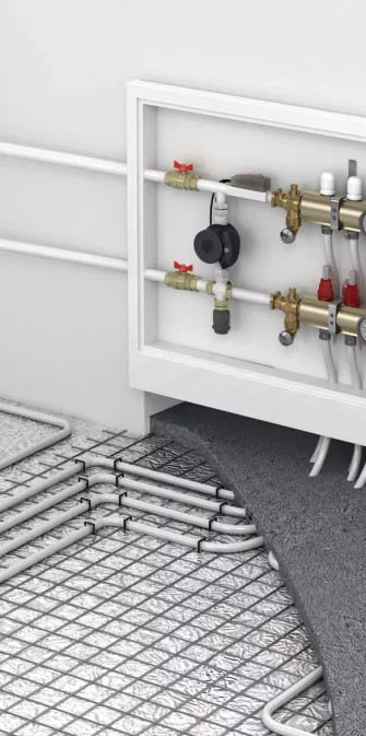 Underfloor heating with collector and radiator in the room. Concept of technology heating. The order of layers in the floor.